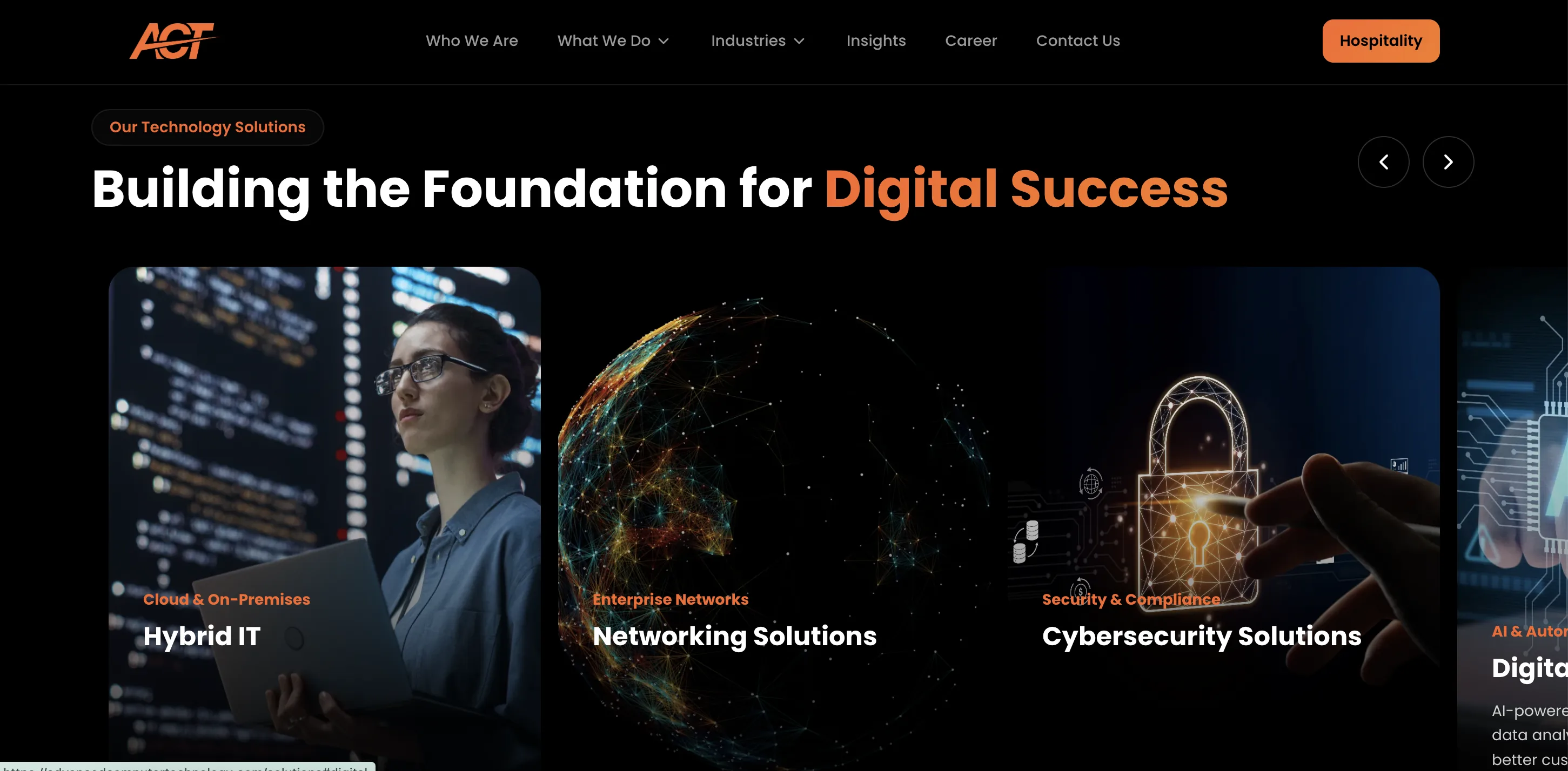 ACT technology solutions carousel, Hybrid IT, Networking Solutions, Cybersecurity Solutions