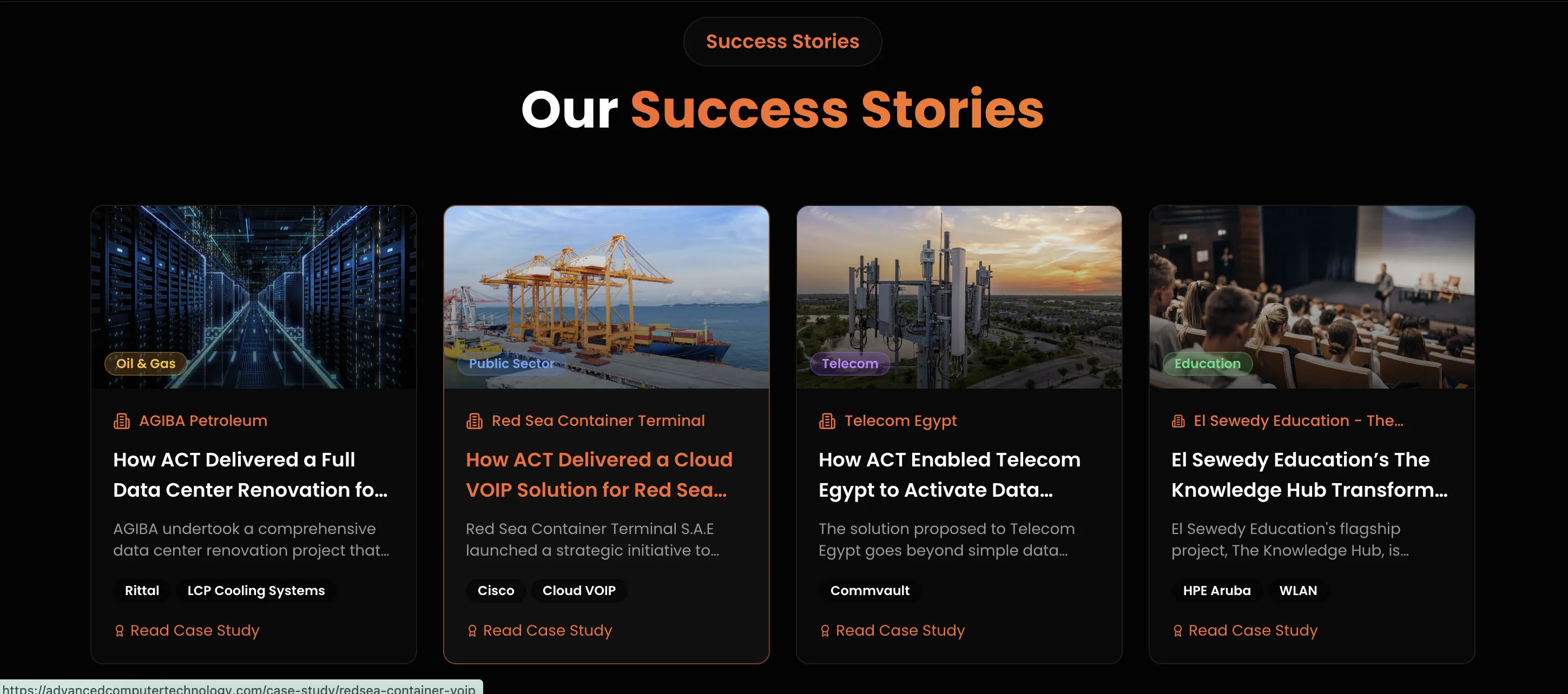ACT success stories section with named client case studies