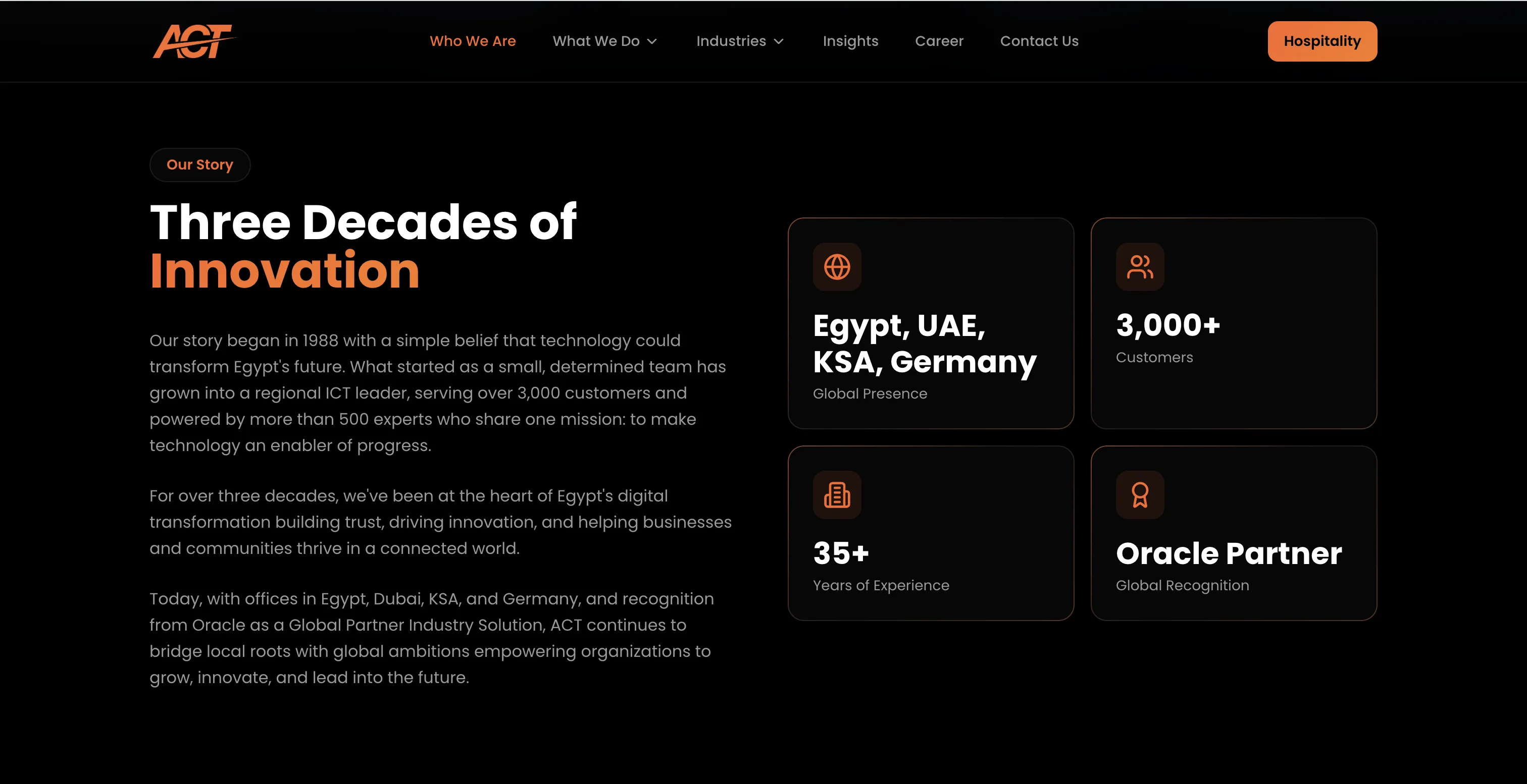 ACT story section, Three Decades of Innovation, with presence and customer statistics