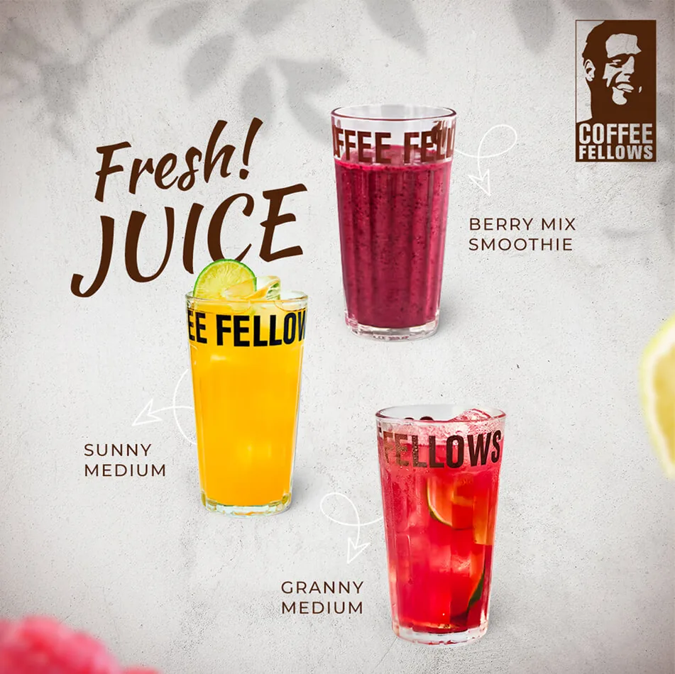 Coffee Fellows fresh juice lineup, Sunny Medium, Berry Mix Smoothie, Granny Medium
