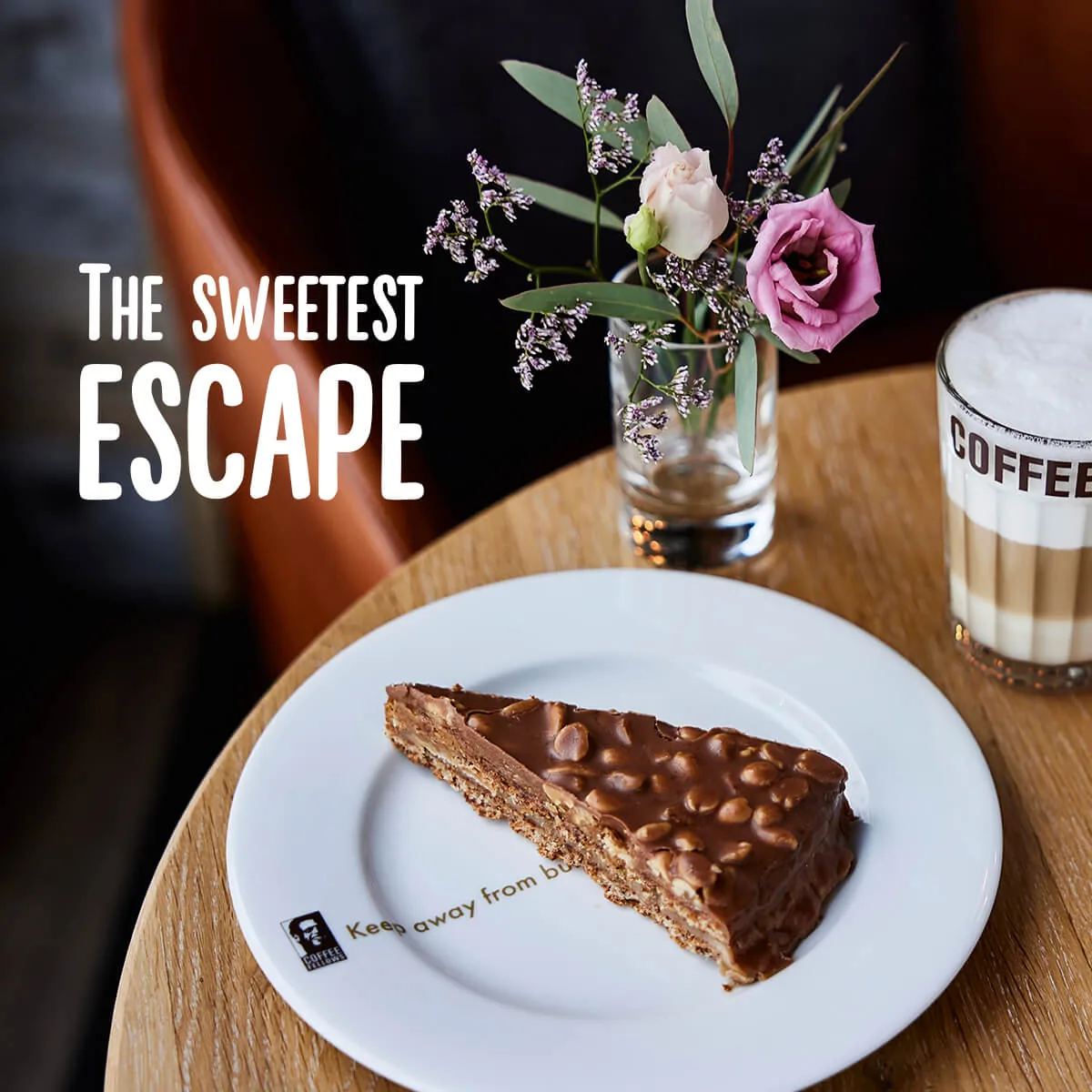 Coffee Fellows dessert and latte with the line The Sweetest Escape