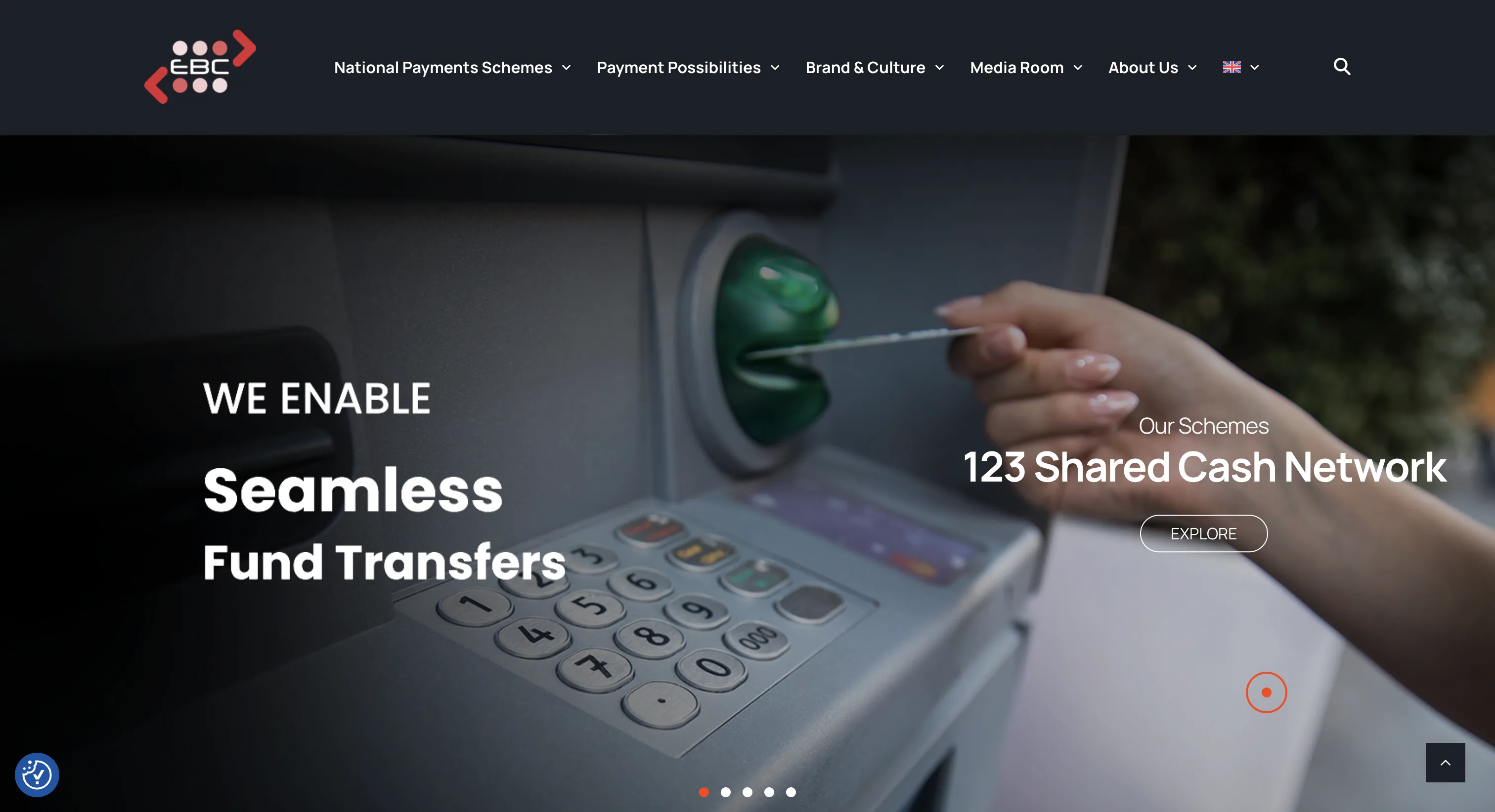EBC homepage hero, We Enable Seamless Fund Transfers, 123 Shared Cash Network