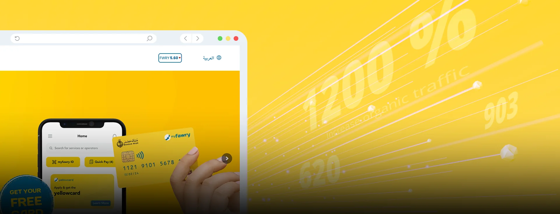 Fawry app and website alongside organic traffic and keyword-ranking growth figures