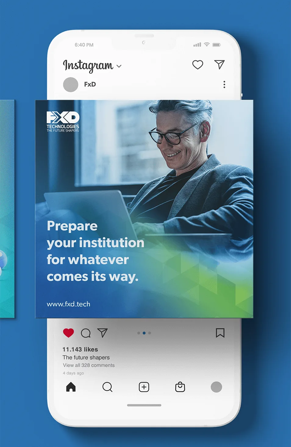 FXD Technologies Instagram post mockup on a phone