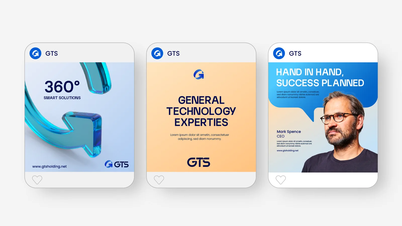 Three GTS Holding social media post templates, 360° Smart Solutions, General Technology Experties, Hand in Hand Success Planned