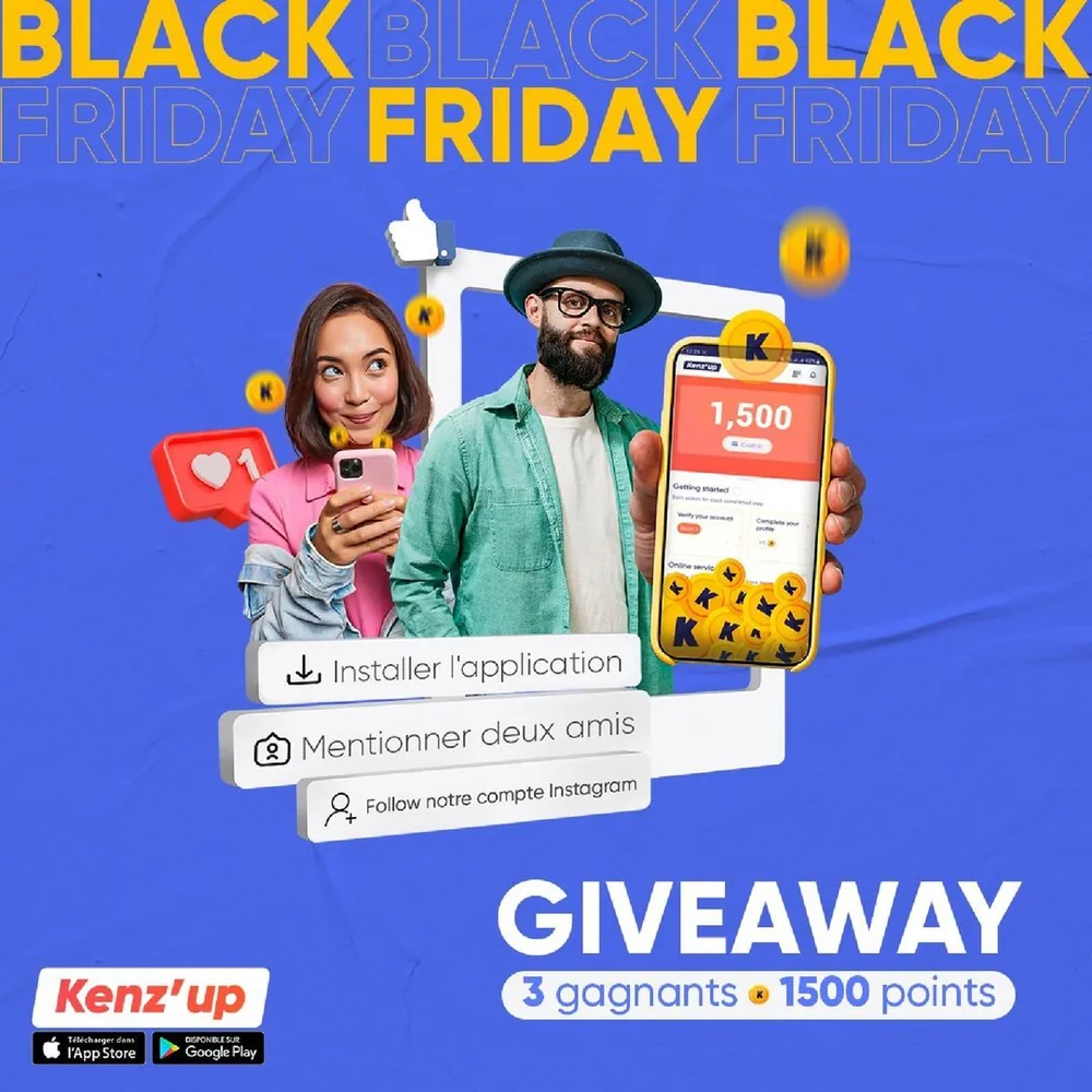 Kenz'up Black Friday giveaway entry steps, install the app, mention two friends, follow on Instagram