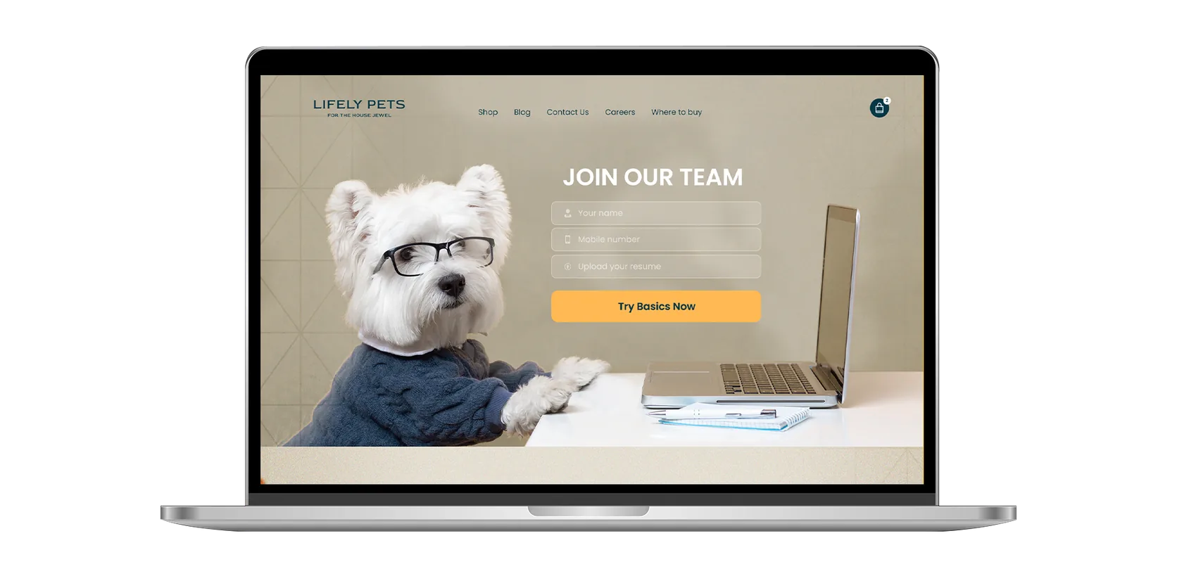 Lifely Pets careers page shown on a laptop, with a dog in glasses at a desk