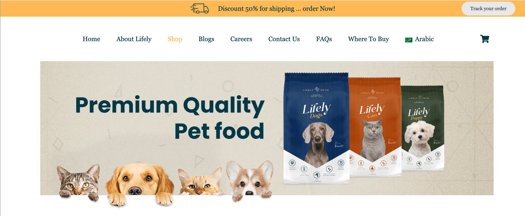 Lifely Pets shop page header, Premium Quality Pet food, with product bags and pet portraits