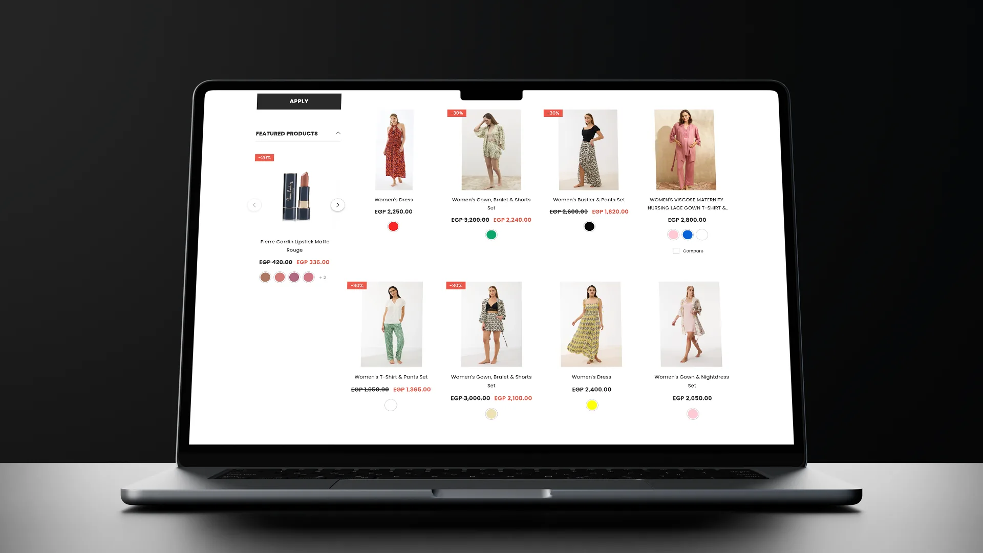 Merova featured products grid with colour swatches and sale pricing