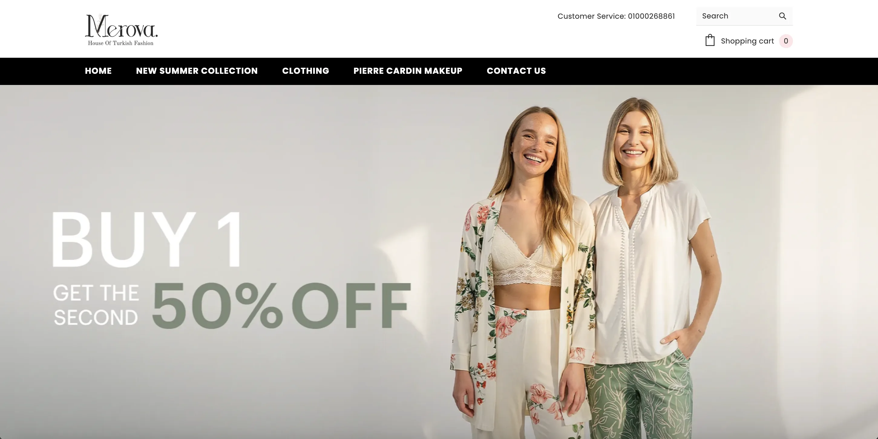 Merova homepage promotional banner, Buy 1 get the second 50% off