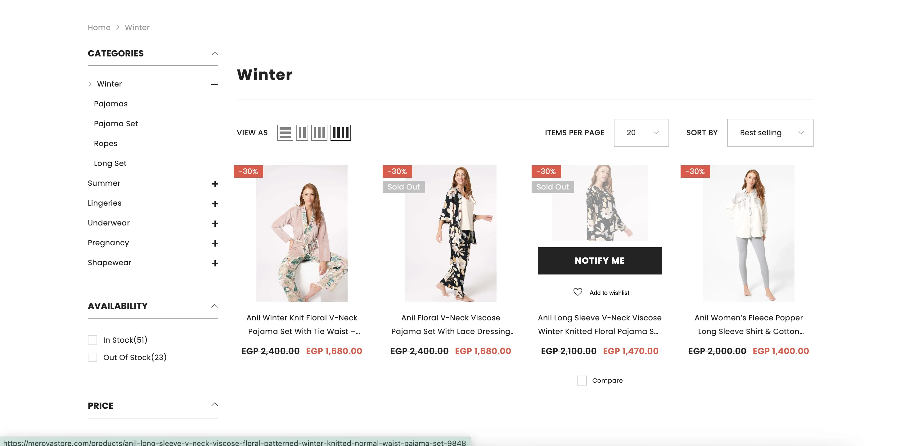Merova Winter category page with sidebar filters, availability and price