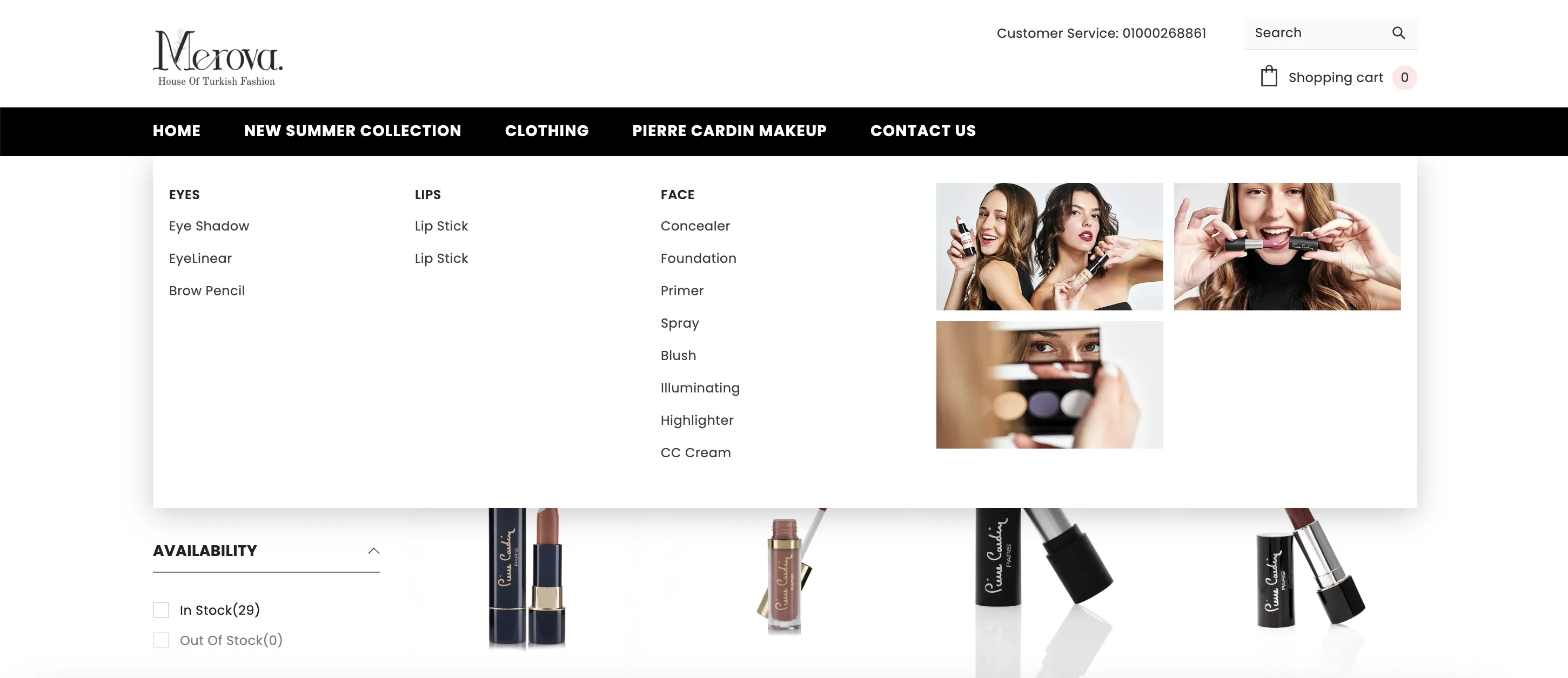 Merova makeup mega menu organised by eyes, lips and face
