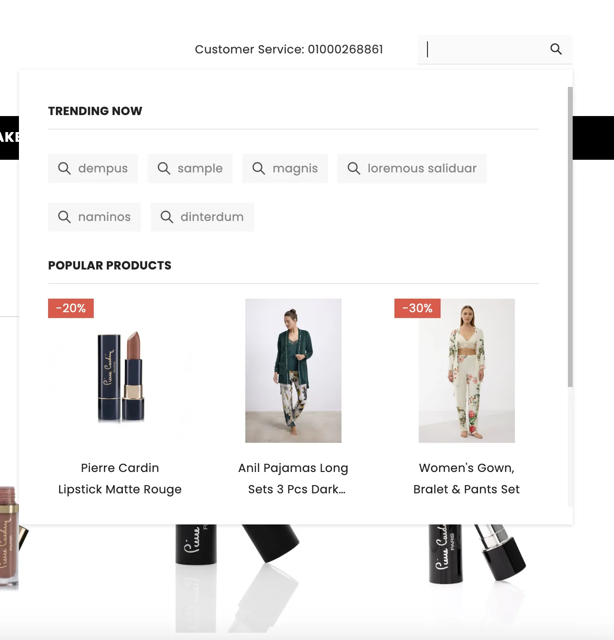 Merova search overlay showing trending searches and popular products