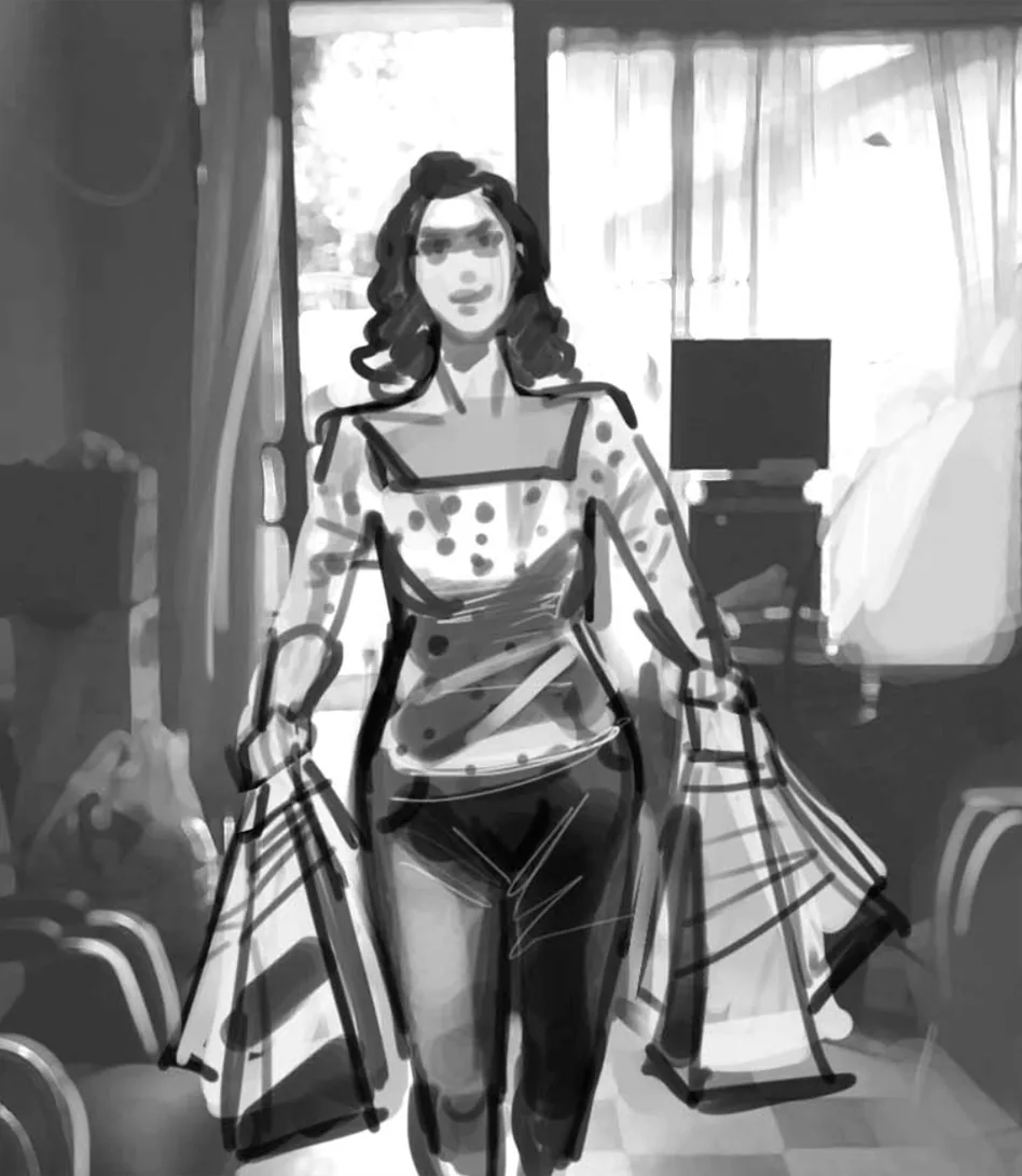 Storyboard sketch of a woman walking out with shopping bags
